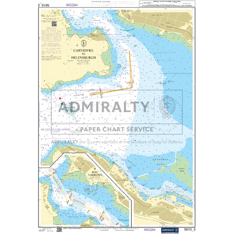 The Admiralty Small Craft Charts - 5610 - The Firth of Clyde provides a detailed nautical chart displaying the waters around Helensburgh and its approaches, including depths, nautical markers, and hazards essential for coastal navigation. Notable areas such as Rhu Narrows and Cardross are prominently featured. This chart is part of the ADMIRALTY Paper Chart Service by Admiralty.