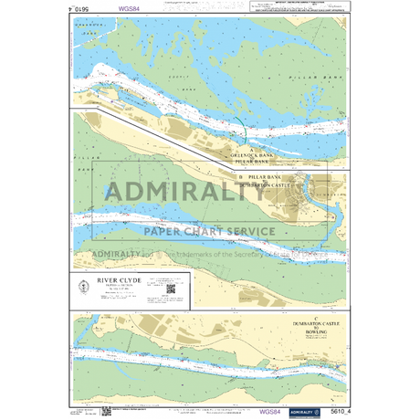 The Admiralty Small Craft Chart 5610_4: River Clyde by Admiralty provides a detailed nautical view of the river, showcasing Erskine Bank, Pillar Bank, and Dumbarton Castle. It includes essential information like water depths, land areas, and navigation aids with a north-up orientation to ensure precise and current navigation.