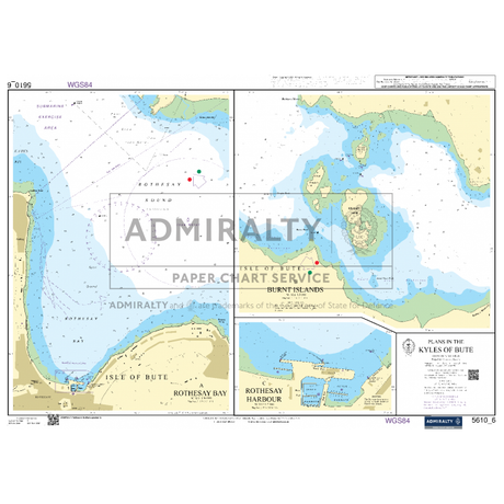 Admiralty Small Craft Chart 5610_6: Plans in the Kyles of Bute is a detailed nautical chart featuring the Kyles of Bute, Isle of Bute, Rothesay Bay, and Burnt Islands. It highlights water depths, navigation aids, and surrounding landforms. The chart also includes insets of Rothesay Harbour for comprehensive navigation guidance.