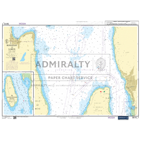 The "Admiralty Small Craft Charts - 5610 - The Firth of Clyde" by Admiralty is a nautical chart that details the coastal areas and maritime routes around Rothesay and Largs. It includes information on water depths, navigational hazards, and landmarks. Additionally, two insets provide detailed maps ideal for coastal navigation in small craft, featuring coordinates and navigational markings.