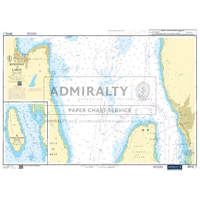 Discover the "Admiralty Small Craft Chart 5610_7: Rothesay to Largs" by Admiralty, a detailed chart covering the waters around Rothesay, Largs, and the Isle of Bute. Featuring navigation markers, depths, and coastal outlines with an inset map for local detail, this chart is an essential resource crafted with UK Hydrographic Office accuracy.