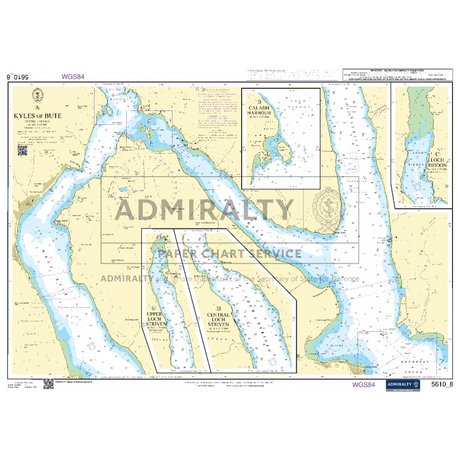 A chart titled "Kyles of Bute," part of the Admiralty Small Craft Charts - 5610 - The Firth of Clyde, highlights water depths, navigational aids, and coastal features for the Scottish west coast area. Insets covering Caol Ruadh, Asgog Bay, and Tighnabruaich are included. Compass details and title information are prominently displayed on this Admiralty product designed for coastal navigation.