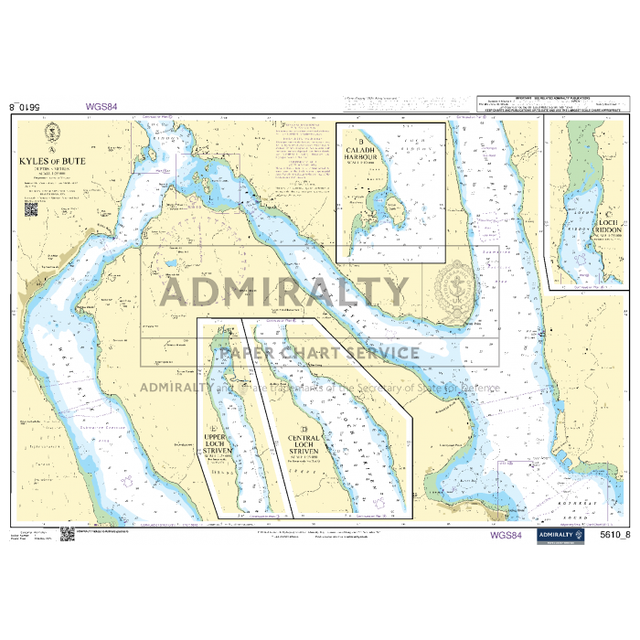 The Admiralty Small Craft Chart 5610_8: Kyles of Bute, by Admiralty, provides detailed maps of waterways and landmasses. It includes marked navigational routes, depth indicators, and geographic information. Insets offer close-up views of specific areas, crafted with Essential Navigation Aids by the UK Hydrographic Office.