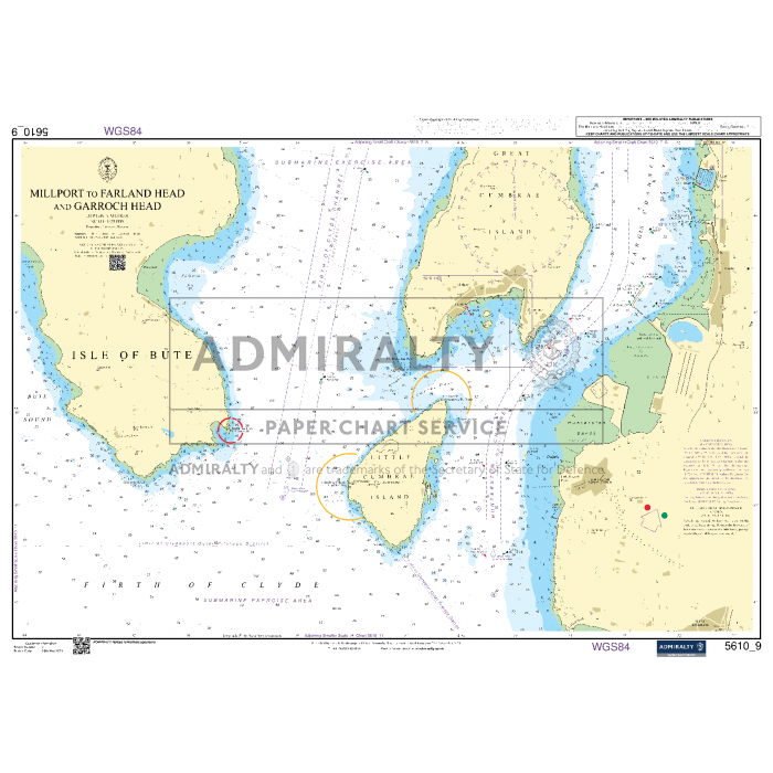 The Admiralty Small Craft Chart 5610_9: Millport to Farland Head and Garroch Head, produced by Admiralty, provides detailed coverage of the Clyde River, featuring water depths, navigational routes, coastal features, and landmarks. Approved by the UK Hydrographic Office, it includes coordinates, topography, and navigational details.