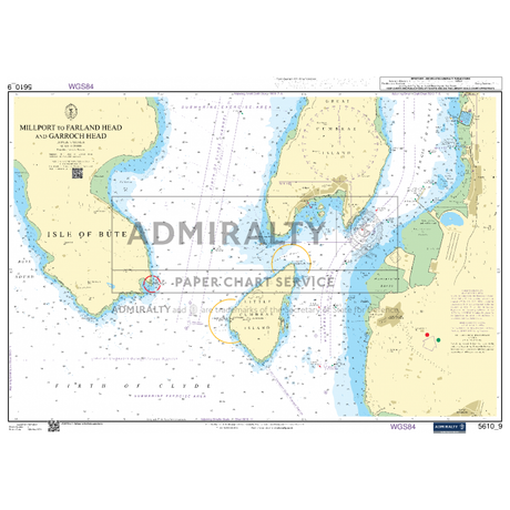 The Admiralty Small Craft Chart 5610_9: Millport to Farland Head and Garroch Head, produced by Admiralty, provides detailed coverage of the Clyde River, featuring water depths, navigational routes, coastal features, and landmarks. Approved by the UK Hydrographic Office, it includes coordinates, topography, and navigational details.