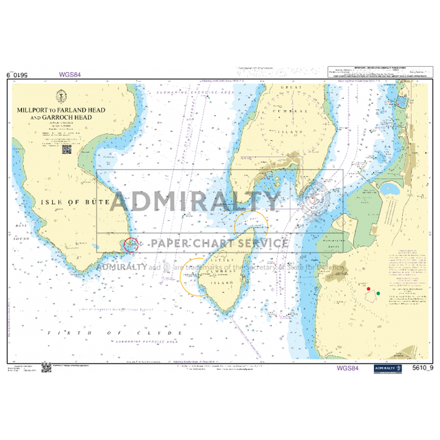 The Admiralty Small Craft Chart 5610_9: Millport to Farland Head and Garroch Head, produced by Admiralty, provides detailed coverage of the Clyde River, featuring water depths, navigational routes, coastal features, and landmarks. Approved by the UK Hydrographic Office, it includes coordinates, topography, and navigational details.