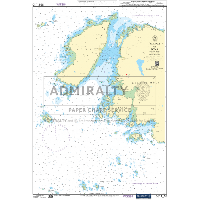 The Admiralty Small Craft Chart - 5611, by Admiralty, provides a detailed depiction of the waters around the Sound of Iona on the West Coast of Scotland. It features various depths, coastal characteristics, navigational aids, and maritime hazards. This essential tool for coastal navigation includes annotations and overlays such as a compass rose and coordinates.