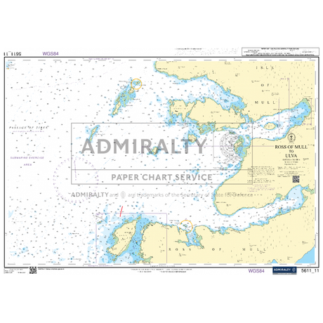 Nautical chart showing the waters around the Isle of Mull. It details depths, navigational aids, underwater hazards, and other crucial information for coastal navigation. The chart includes the Ross of Mull, Ulva, and surrounding areas and is marked by Admiralty Small Craft Charts - 5611 - West Coast of Scotland from Admiralty.