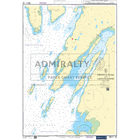 The Admiralty Small Craft Chart 5611, covering the West Coast of Scotland, offers a detailed representation of the waters around Crinan and Telfing, including Loch Cragnish. Perfect for coastal navigation, it is equipped with various navigational symbols, depths, and coordinates. The coastline is illustrated in yellow with adjacent land areas and water sections depicted in blue. An "ADMIRALTY" watermark is centrally placed on the chart.