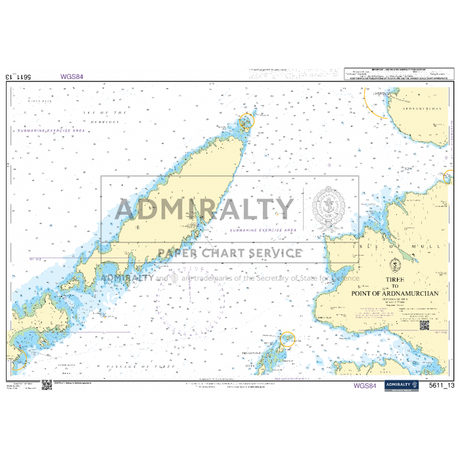 The Admiralty Small Craft Chart titled "5611 - West Coast of Scotland" provides detailed depictions of the coastline, water depths, and essential navigational information crucial for coastal navigation around the Point of Ardnamurchan. This Admiralty chart includes grid lines, labels, and a compass rose to aid maritime navigation effectively.