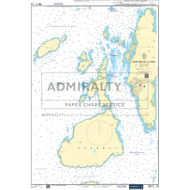 The Admiralty Small Craft Chart 5611_14: Sound of Luing provides detailed nautical information on the Sound of Luing and its surrounding waters, such as depths, navigation markers, and islands like Luing. Issued by the UK Hydrographic Office under the Admiralty brand, this chart includes a scale and essential navigation aids for precise maritime guidance.