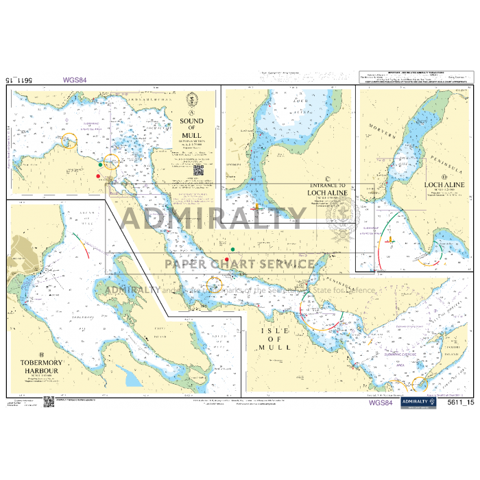 The Admiralty Small Craft Charts - 5611 - West Coast of Scotland by Admiralty features detailed maps of the Sound of Mull, Loch Aline, Tobermory Harbour, and the Isle of Mull. This ADMIRALTY chart includes water depth measurements, coastal navigation routes, landmarks, and geographical coordinates.