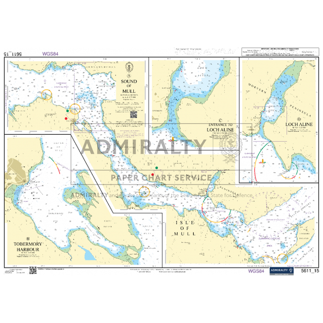 The Admiralty Small Craft Chart 5611_15: Sound of Mull provides a detailed nautical map of the waters surrounding the Isle of Mull, featuring insets such as Tobermory Harbour, Loch Aline, Loch Aline Entrance, and the Sound of Mull. Approved by the Maritime and Coastguard Agency, this chart includes navigational symbols and depth markers.