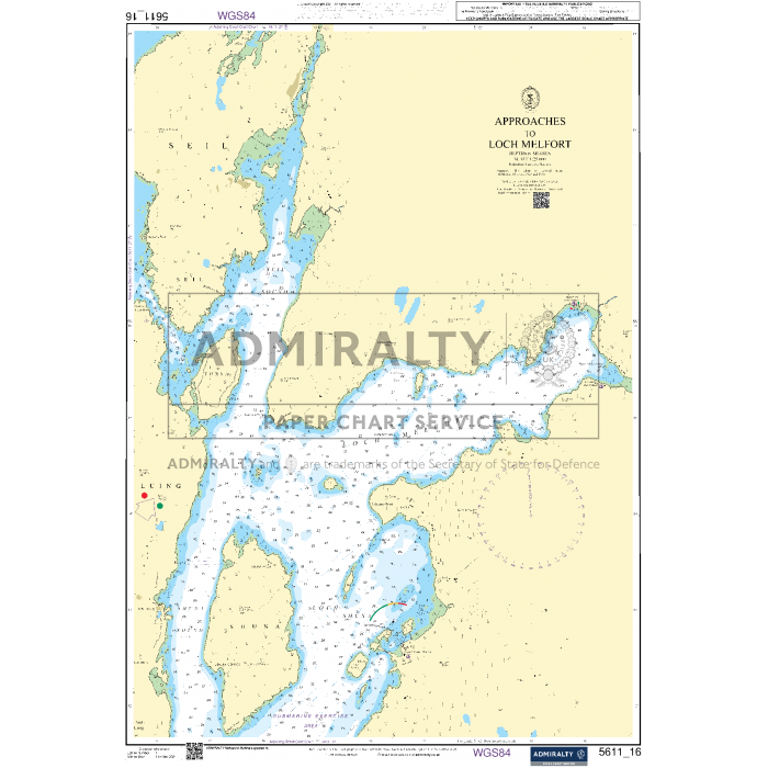 The Admiralty Small Craft Charts - 5611 - West Coast of Scotland, branded by Admiralty, features a nautical map titled "Approaches to Loch Melfort." This detailed chart depicts waterways and surrounding coastal areas, including navigational aids, depth measurements, and a compass rose. Prominent islands and landmarks are clearly labeled for expert coastal navigation, produced by the renowned ADMIRALTY Chart Service.