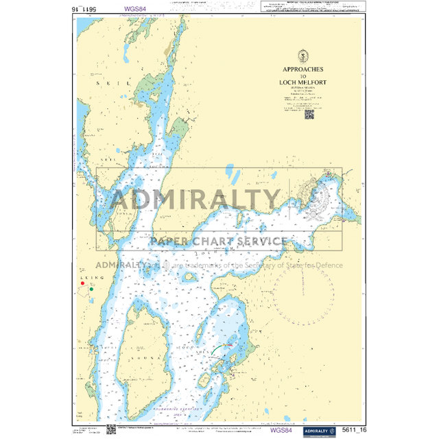 The Admiralty Small Craft Chart 5611_16: Approaches to Loch Melfort by Admiralty includes detailed coastal and underwater features, navigation aids, depth contours, and landmarks. Compiled by the UK Hydrographic Office, this chart also provides latitude and longitude coordinates along with Admiralty markings essential for chart carriage requirements.