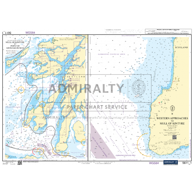 This Admiralty Small Craft Chart 5611_1: Mull of Kintyre to Point of Ardnamurchan, created by Admiralty, outlines the Western Approaches and Mull of Kintyre region with coastal details, maritime routes, and depth markings. It is produced by the UK Hydrographic Office and offers crucial nautical aids for safe navigation.