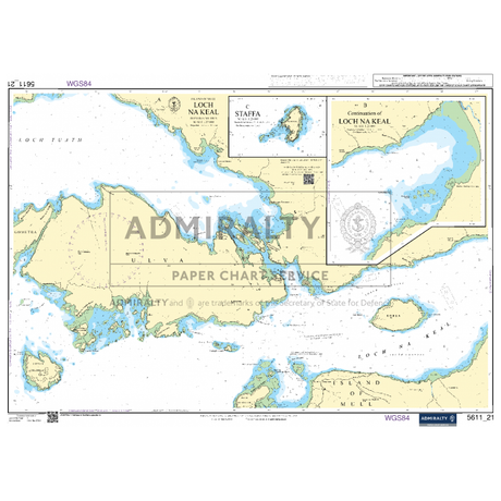 The Admiralty Small Craft Chart 5611, titled "West Coast of Scotland," provides a detailed depiction of Loch na Keal and the surrounding areas. It includes geographic coordinate insets of adjacent waters, as well as various navigational details such as depths, maritime routes, and landmarks for precise coastal navigation.