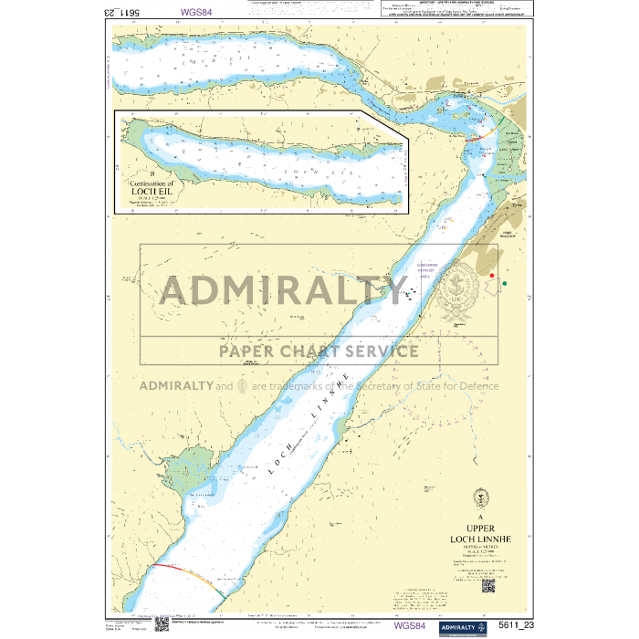 Admiralty's Small Craft Chart 5611_23: Upper Loch Linnhe is a renowned nautical chart detailing water depths, navigational paths, and land features. It includes an inset map of Loch Eil and offers grid references along with UK Hydrographic Office annotations for precise navigation.