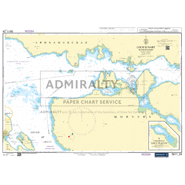 The Admiralty Small Craft Chart 5611_24: Loch Sunart (Western Part), produced by Admiralty, showcases soundings, bathymetric contours, islands, and navigation aids. Additionally, it includes an inset map of Loch Teacuis.