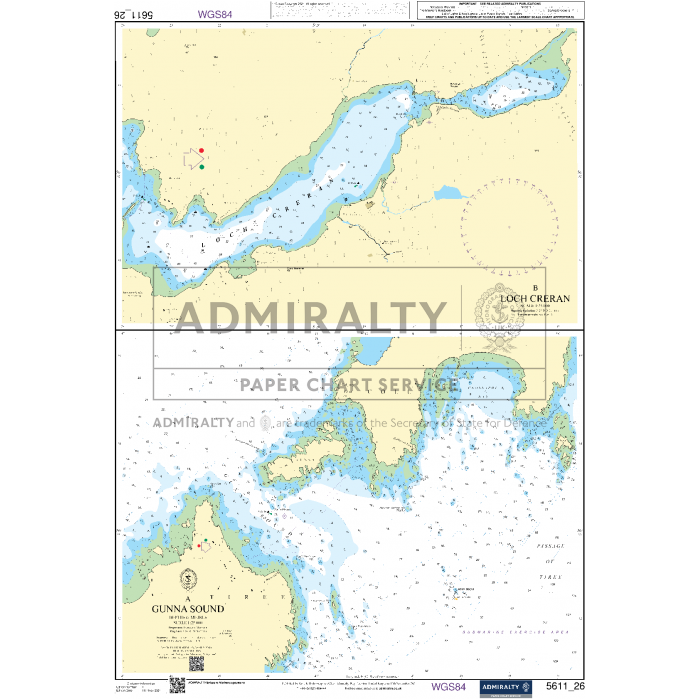 The Admiralty Small Craft Chart 5611_26: Gunna Sound, created by Admiralty, showcases Loch Creran and Gunna Sound with detailed water depths, navigation aids, and coastal features. This map by the UK Hydrographic Office includes latitude and longitude markers along with comprehensive topographic and marine information.