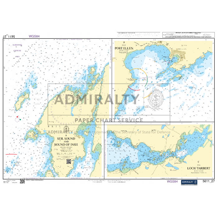 The Admiralty Small Craft Charts - 5611, West Coast of Scotland, provides detailed nautical navigation information for areas including Sel Sound and Loch Tarbert. It features soundings, underwater characteristics, and landmarks essential for safe navigation. This Admiralty chart is endorsed with the seal of the UK Secretary of State for Defence.