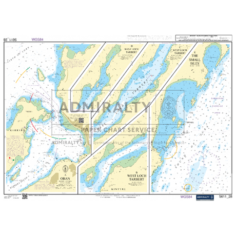 The Admiralty Small Craft Chart 5611_28: Oban by Admiralty illustrates the west coast of Scotland, including areas like Oban, West Loch Tarbert, and The Small Isles. It provides detailed depth information, island locations, and essential navigational aids to ensure safe navigation.