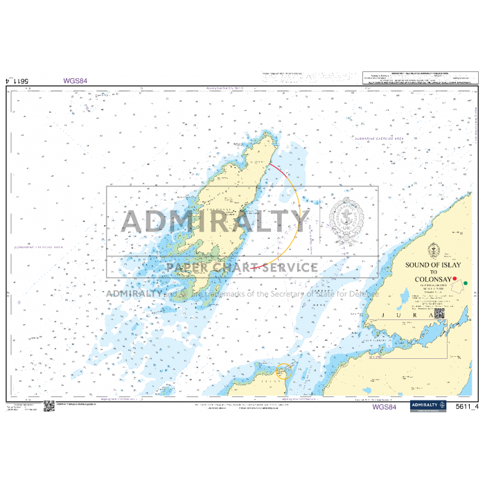 The ADMIRALTY product, known as "Admiralty Small Craft Charts - 5611 - West Coast of Scotland," is a detailed nautical chart designed for coastal navigation around the islands of Islay and Colonsay. It includes information on coastal lines, depths, navigational hazards, grid references, and markers for precision sailing.