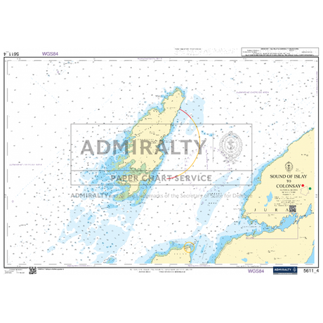 The ADMIRALTY product, known as "Admiralty Small Craft Charts - 5611 - West Coast of Scotland," is a detailed nautical chart designed for coastal navigation around the islands of Islay and Colonsay. It includes information on coastal lines, depths, navigational hazards, grid references, and markers for precision sailing.