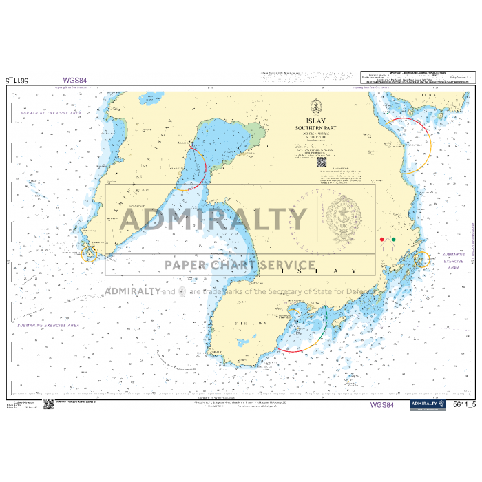 An Admiralty Small Craft chart titled "5611 - West Coast of Scotland," illustrating coastal navigation details, water depths, and navigational aids for the southern part of Islay. The chart also covers surrounding areas, including Jura and Northern Ireland, with labels and symbols for anchorages, lighthouses, and underwater hazards.