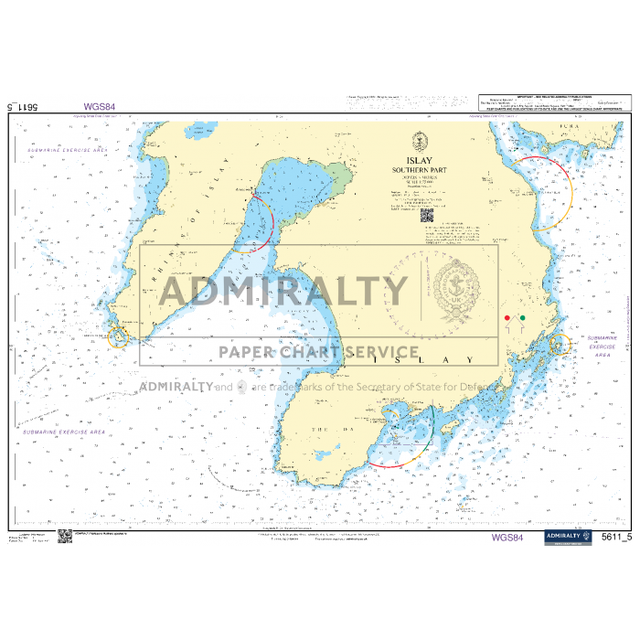 Admiralty Small Craft Chart 5611_5: Islay (Southern Part) showcases coastal outlines, water depths, and essential maritime navigation details. It includes navigational aids and bears the Admiralty branding from the UK Hydrographic Office, with chart number 5611 in the bottom right corner.