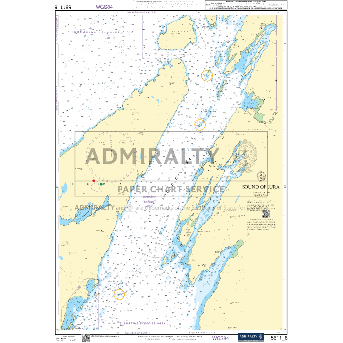 A nautical chart named "Admiralty Small Craft Charts - 5611 - West Coast of Scotland," featuring the Sound of Jura with labeled landmasses, numerous navigational markings, depth indications, and coordinates. The image bears a watermark reading "ADMIRALTY PAPER CHART SERVICE," ensuring its reliability for coastal navigation and small craft charts.