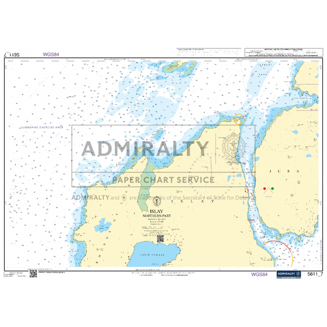 The Admiralty Small Craft Chart 5611_7: Islay (Northern Part) provides detailed nautical information, including coastal outlines, water depths, and navigational hazards. It features tidal data along with markings for shipping routes and safety notices. This chart is a part of the Admiralty collection by the UK Hydrographic Office.