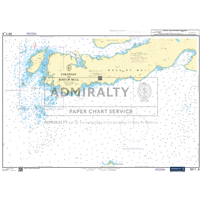 Nautical chart depicting the coastal waters surrounding the Isle of Mull and the island of Colonsay in Scotland. The Admiralty Small Craft Charts - 5611 - West Coast of Scotland includes depth soundings, navigational aids, and prominent landmarks. A detailed inset highlights the Ross of Mull area, ideal for coastal navigation.