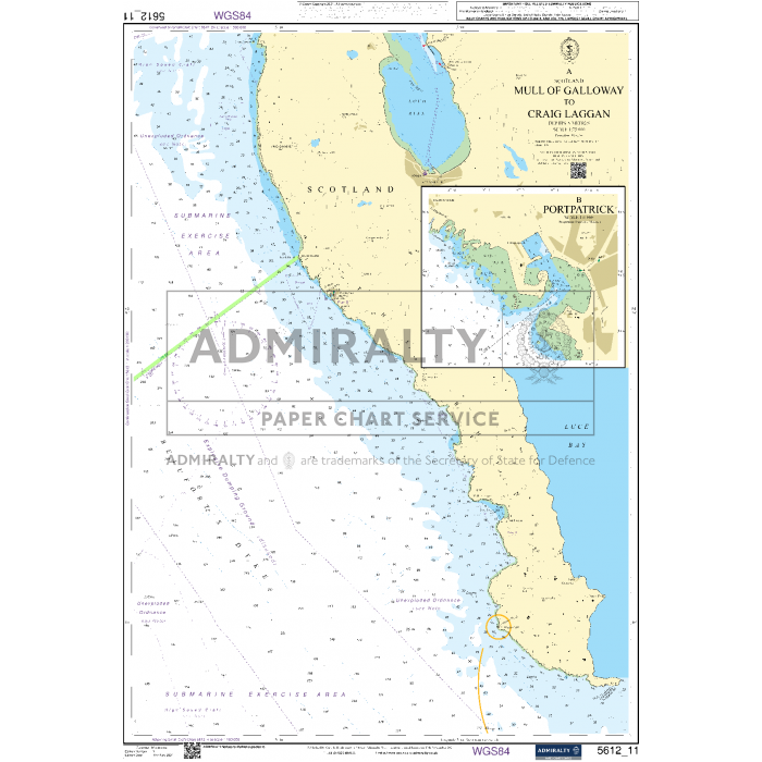 Admiralty's Small Craft Chart 5612_11: Mull of Galloway to Craig Laggan, produced by the UK Hydrographic Office, features a detailed nautical chart of the Scottish coast showcasing Portpatrick. It includes depth information, navigation aids, and an inset map for enhanced guidance.