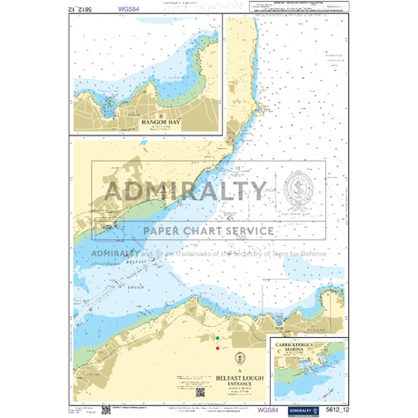 The 'Admiralty Small Craft Charts - 5612 - Northern Ireland' by Admiralty is expertly crafted for maritime experts, showcasing Bangor Bay and Belfast Lough in Northern Ireland. It includes detailed water depths, navigational routes, landmarks, and insets for Bangor Bay and Carrickfergus Marina, ideal for coastal navigation.