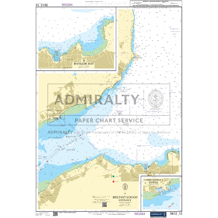 Admiralty's Small Craft Chart 5612_12: Belfast Lough Entrance features detailed bathymetric information, coastal outlines, and navigation aids. It includes insets of Bangor Bay and Carrickfergus Marina, emphasizing maritime navigation details as provided by the UK Hydrographic Office.