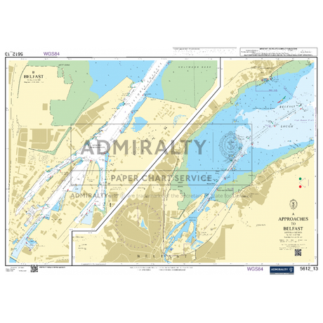 The "Admiralty Small Craft Chart 5612_13: Approaches to Belfast" by Admiralty provides detailed nautical information on the approaches to Belfast, including navigation aids, water depths, landmarks, and sections of the coastline. It contains crucial markings from the UK Hydrographic Office for safe navigation.