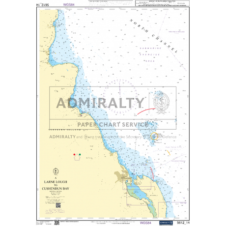 The Admiralty Small Craft Charts - 5612 - Northern Ireland is an essential nautical chart detailing the depths, navigational hazards, and coastal features from Larne Lough to Cushendun Bay. This chart includes a scale and compass, along with Admiralty branding, making it ideal for maritime experts engaged in coastal navigation. Adjacent land areas and the North Channel are marked, featuring various maritime symbols and coordinates.