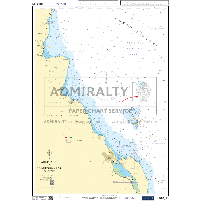 The Admiralty Small Craft Chart 5612_14: Larne Lough to Cushendun Bay provides detailed information on water depths, coastline contours, navigational markers, and shipping routes in the North Channel area. It also includes tidal information, navigation aids, admiralty markings, and grid references.