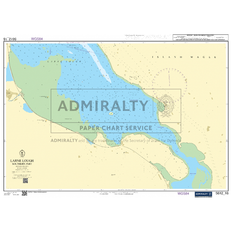 The Admiralty Small Craft Chart 5612 of Northern Ireland is an ideal tool for coastal navigation around Larne Lough, featuring detailed water depths in varying shades of blue and green, navigational aids, underwater hazards, and land details. The word "Admiralty" is prominently watermarked across the center. Perfect for maritime experts.