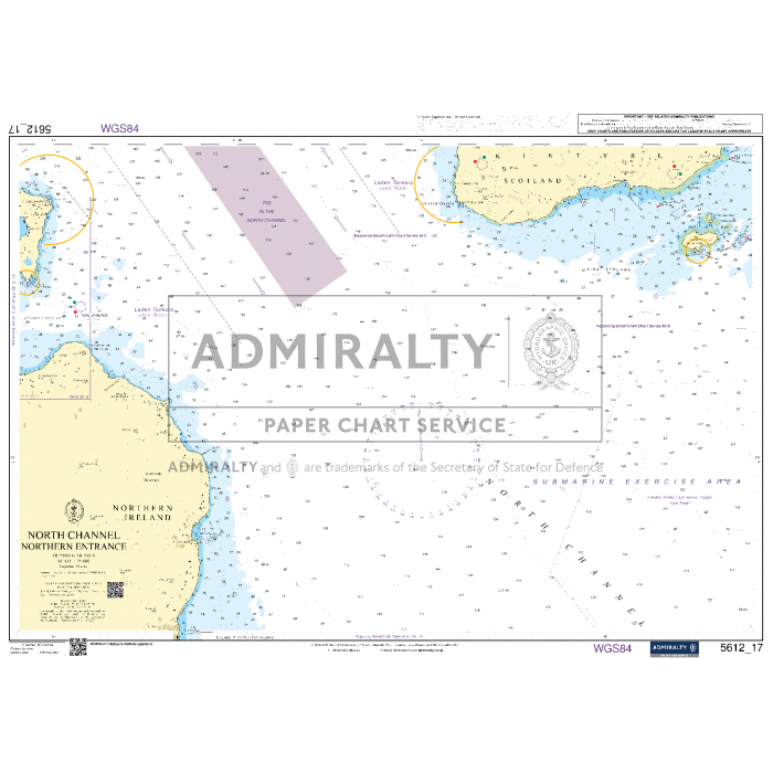 The Admiralty Small Craft Charts - 5612 - Northern Ireland offers detailed nautical information for the North Channel Northern Entrance, including areas of Scotland and Northern Ireland. Created for maritime experts, this chart provides depth measurements, navigational marks, and coastal details. The map prominently features the Admiralty logo and service information in the center.