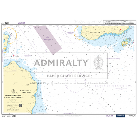 The Admiralty Small Craft Charts - 5612 - Northern Ireland offers detailed nautical information for the North Channel Northern Entrance, including areas of Scotland and Northern Ireland. Created for maritime experts, this chart provides depth measurements, navigational marks, and coastal details. The map prominently features the Admiralty logo and service information in the center.