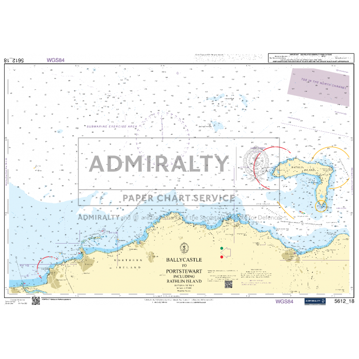 The Admiralty Small Craft Charts - 5612 - Northern Ireland offers a detailed nautical chart of the northern coast of Northern Ireland, spanning from Ballycastle to Portrush and including Rathlin Island. Ideal for maritime experts, this chart provides depth contours, navigation marks, and notable coastal features. Produced by Admiralty Paper Chart Services, it is an essential resource for thorough navigation and planning.