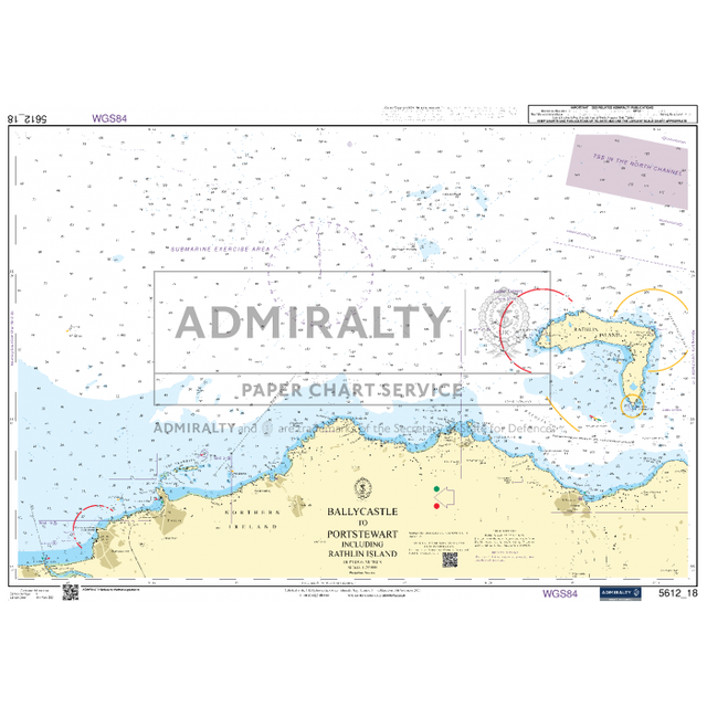 The Admiralty Small Craft Chart 5612_18: Ballycastle to Portstewart including Rathlin Island provides a detailed nautical chart of the coast, featuring water depths, coastal details, and navigation aids. It is part of the Admiralty collection by the UK Hydrographic Office.