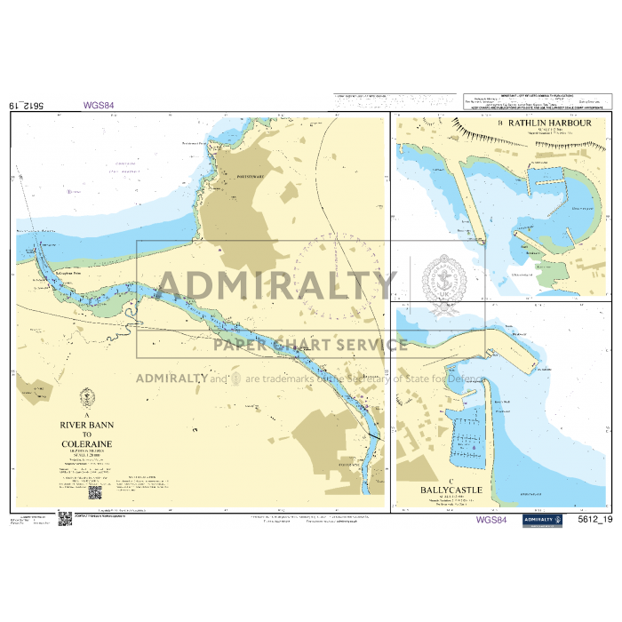 Introducing the "Admiralty Small Craft Charts - 5612 - Northern Ireland" by Admiralty, a nautical chart detailing the River Bann from Coleraine to the Barmouth. This chart includes insets of Rathlin Harbour and Ballycastle, featuring geographic details, waterfronts, and essential nautical markers for expert coastal navigation.