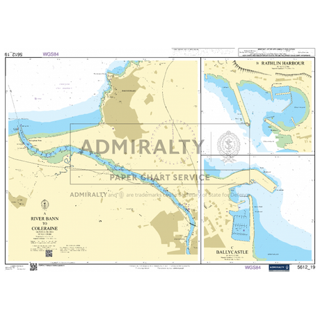 Introducing the "Admiralty Small Craft Charts - 5612 - Northern Ireland" by Admiralty, a nautical chart detailing the River Bann from Coleraine to the Barmouth. This chart includes insets of Rathlin Harbour and Ballycastle, featuring geographic details, waterfronts, and essential nautical markers for expert coastal navigation.