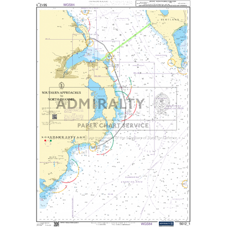 The Admiralty Small Craft Chart 5612_1, titled "Southern Approaches to North Channel," provides comprehensive maps of coastlines, navigational routes, and maritime symbols to ensure safe sailing. This chart by Admiralty includes essential navigation aids such as gridlines and geographic coordinates.