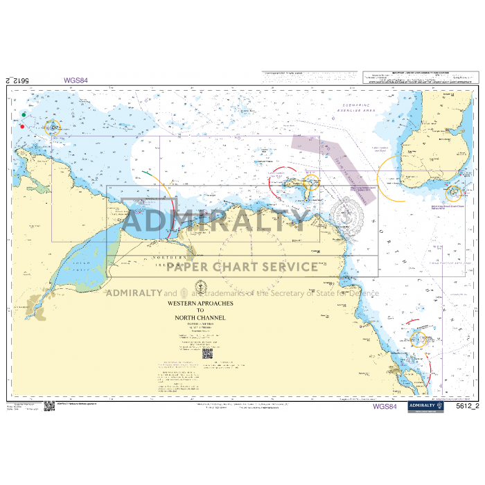 Admiralty Small Craft Charts - 5612 - Northern Ireland, by Admiralty, titled "Western Approaches to the North Channel," offers detailed navigational information that includes coastal features, water depths, and markings crucial for safe coastal navigation. It also indicates various navigational aids, hazards, and landmarks essential for maritime experts.