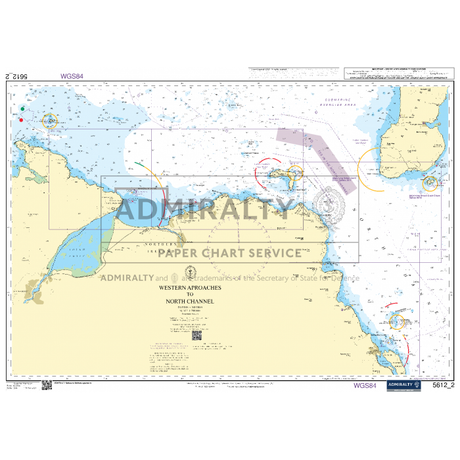 Admiralty Small Craft Charts - 5612 - Northern Ireland, by Admiralty, titled "Western Approaches to the North Channel," offers detailed navigational information that includes coastal features, water depths, and markings crucial for safe coastal navigation. It also indicates various navigational aids, hazards, and landmarks essential for maritime experts.