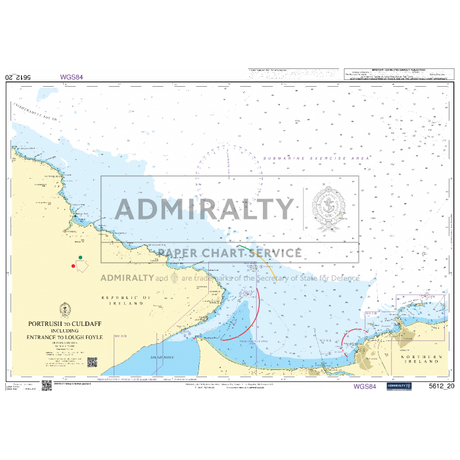 The Admiralty Small Craft Chart 5612 - Northern Ireland by Admiralty is a nautical chart showcasing the coastlines of the Republic of Ireland and Northern Ireland, with a particular focus on the entrance to Lough Foyle and its surrounding waters. This detailed chart includes depth markings, navigational aids, and other essential maritime information for coastal navigation.